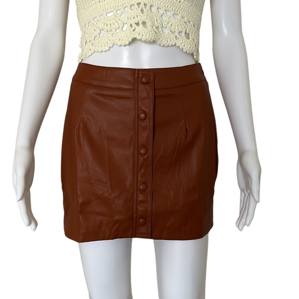 Lulu's Most Fab Brown Vegan Leather Button-Front side zip Mini Skirt XS